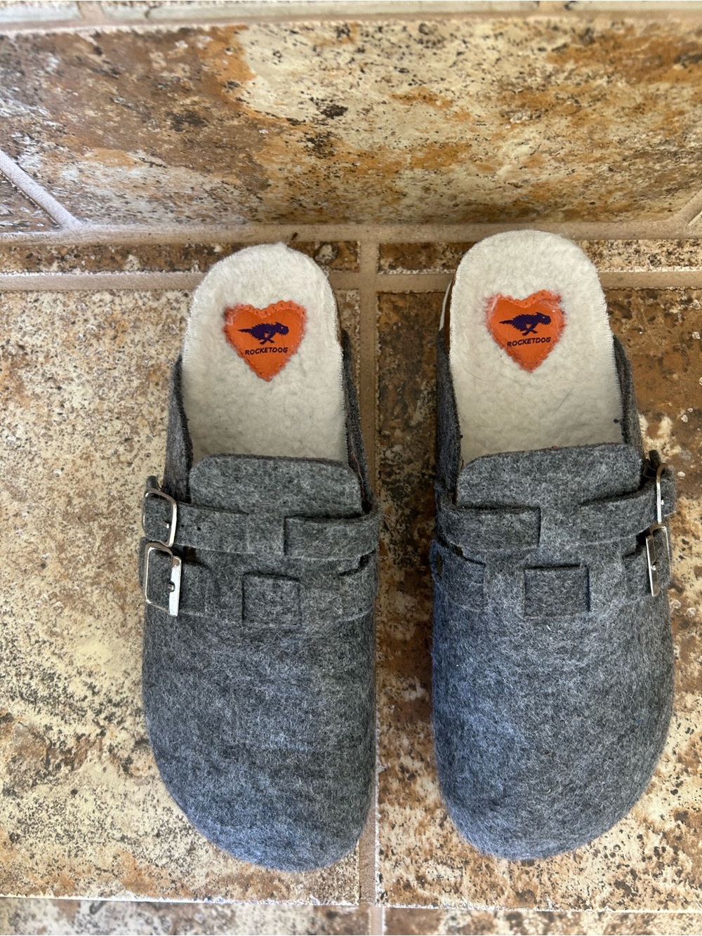 Rocket Dog Gray Felt Slip-On Mules with Faux Shearling Lining
